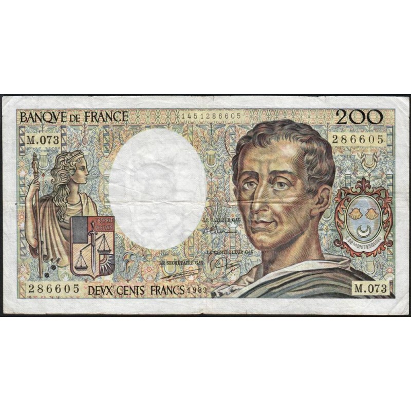 F 70-09 - 1989 - 200 francs - Montesquieu - Série M.073 - Etat : TB-