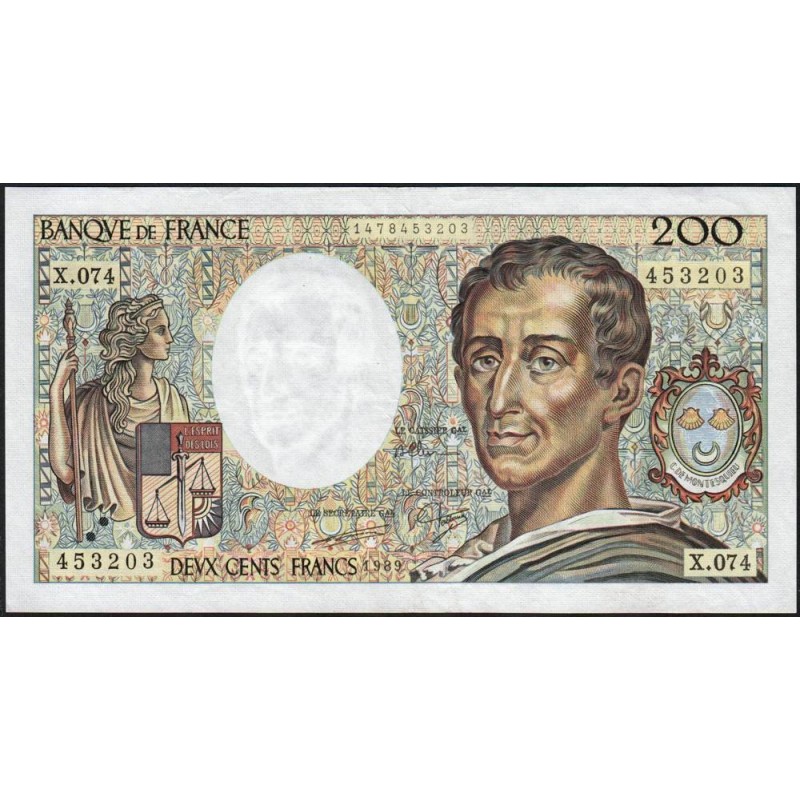 F 70-09 - 1989 - 200 francs - Montesquieu - Série X.074 - Etat : TTB+