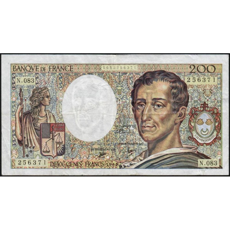 F 70-10a - 1990 - 200 francs - Montesquieu - Série N.083 - Etat : TB