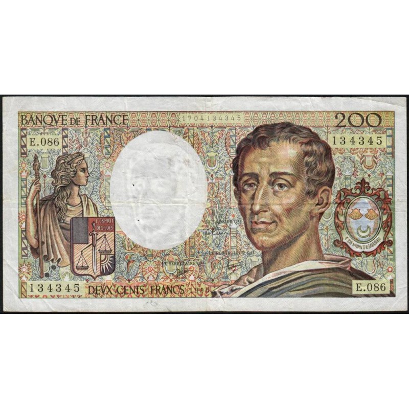 F 70-10a - 1990 - 200 francs - Montesquieu - Série E.086 - Etat : TB-