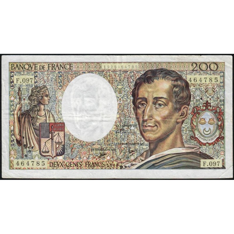 F 70-10b - 1990 - 200 francs - Montesquieu - Série F.097 - Etat : TB