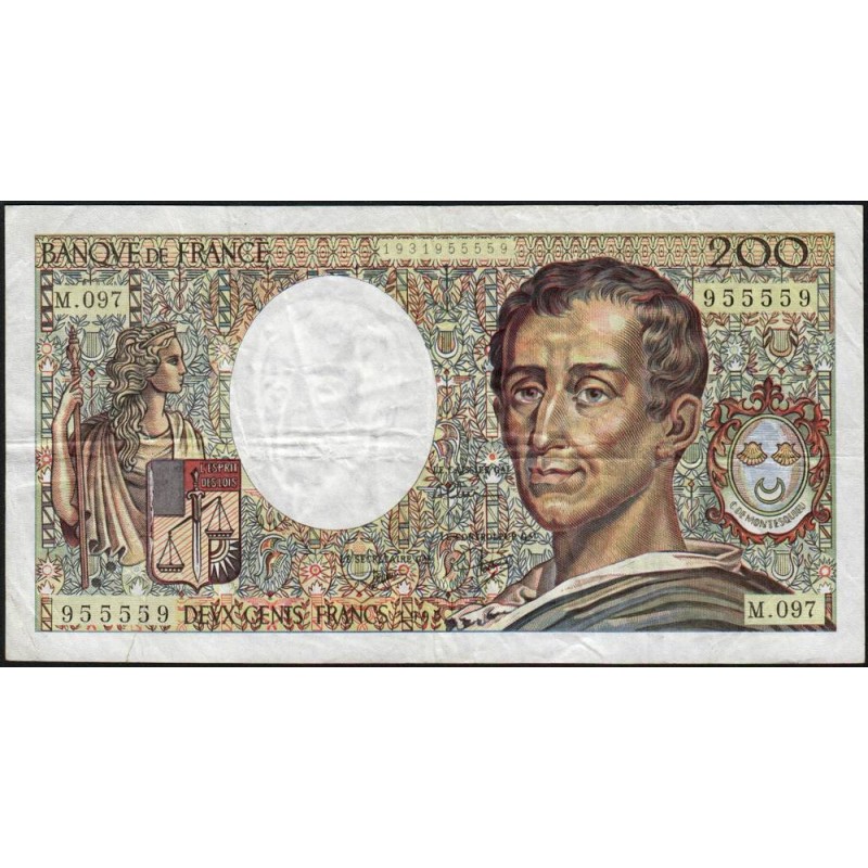 F 70-10b - 1990 - 200 francs - Montesquieu - Série M.097 - Numéro radar - Etat : B
