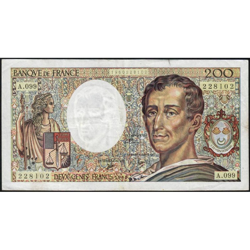 F 70-10b - 1990 - 200 francs - Montesquieu - Série A.099 - Etat : TTB-