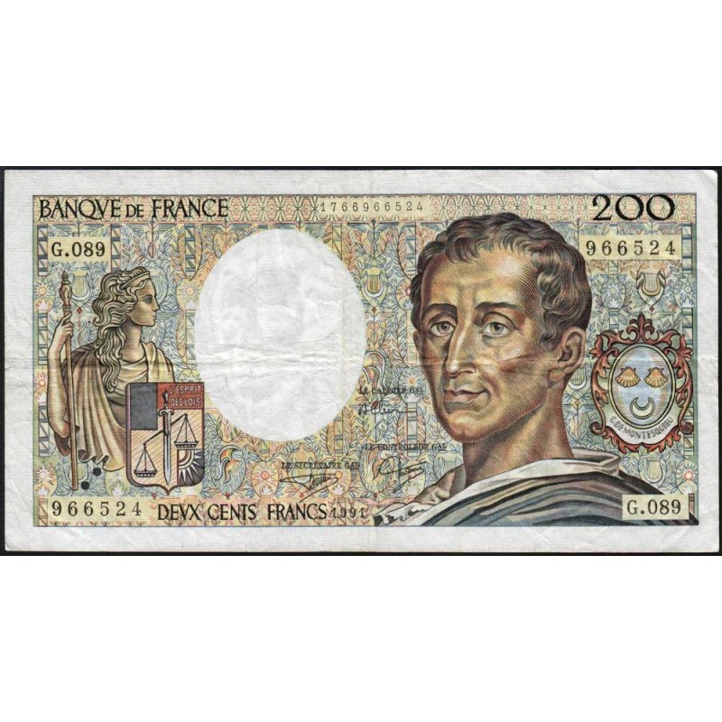 F 70-11 - 1991 - 200 francs - Montesquieu - Série G.089 - Etat : TB