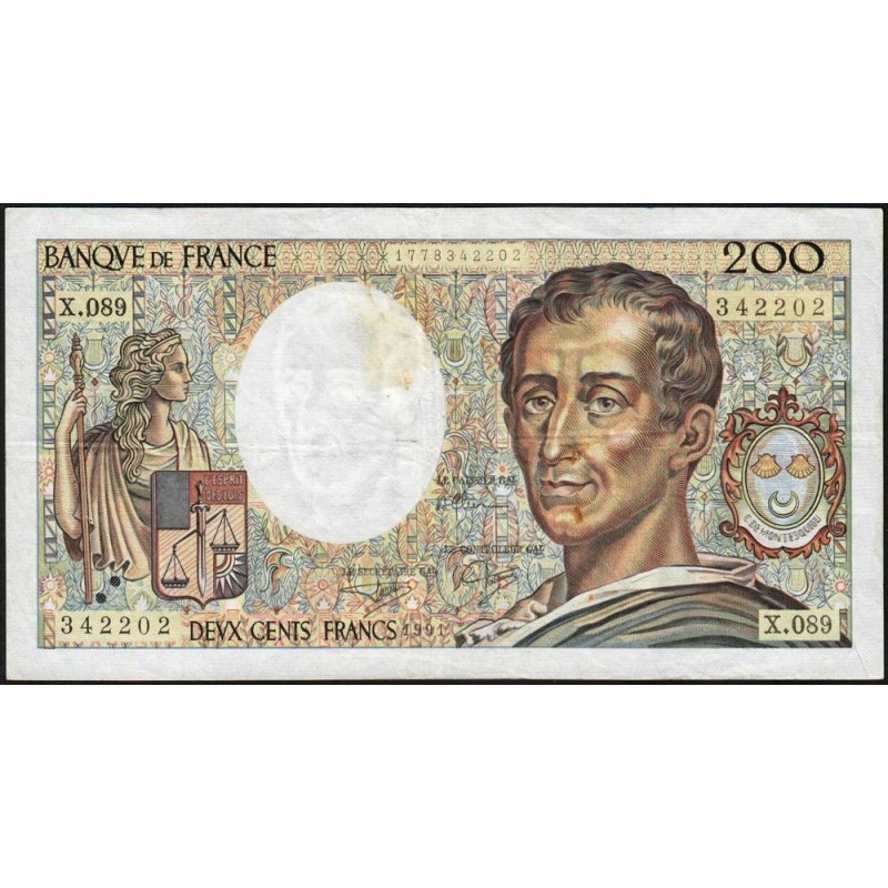 F 70-11 - 1991 - 200 francs - Montesquieu - Série X.089 - Etat : TB-