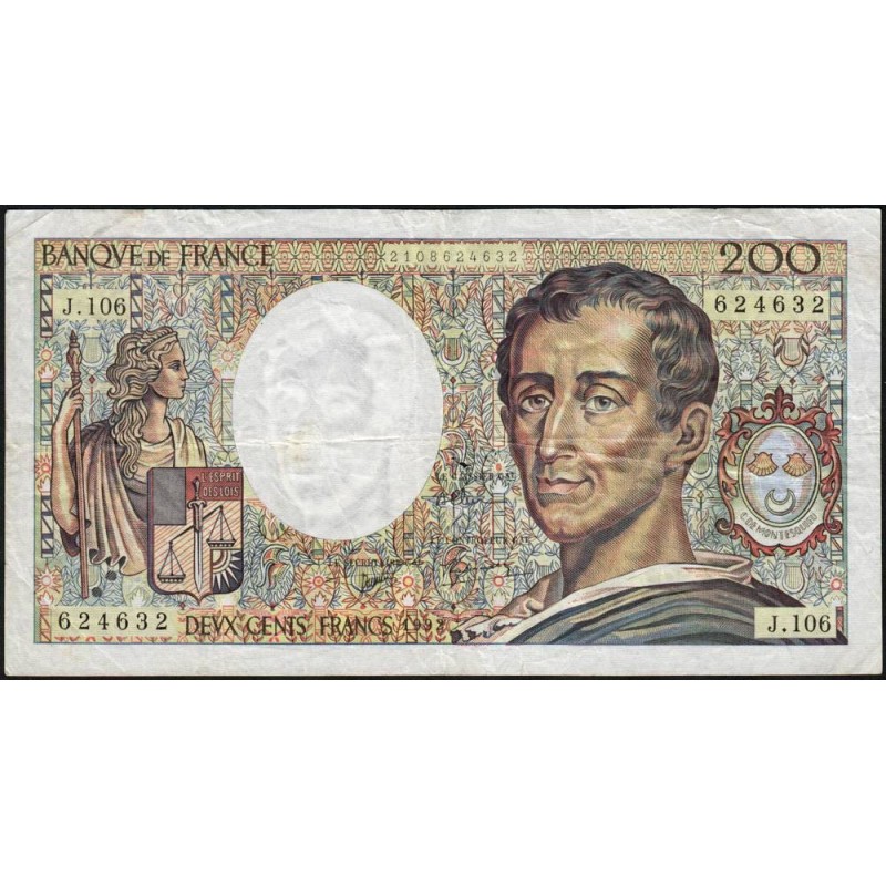 F 70-12a - 1992 - 200 francs - Montesquieu - Série J.106 - Etat : TB-