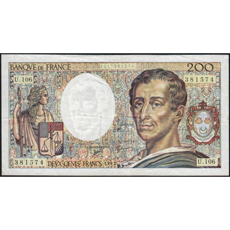 F 70-12a - 1992 - 200 francs - Montesquieu - Série U.106 - Etat : TB