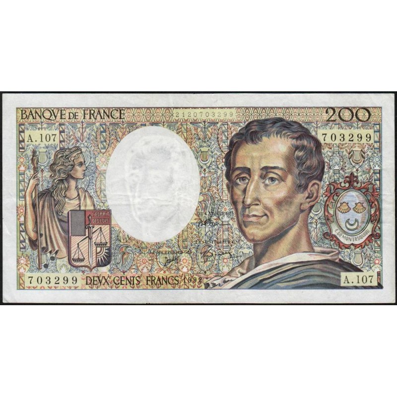 F 70-12a - 1992 - 200 francs - Montesquieu - Série A.107 - Etat : TTB-
