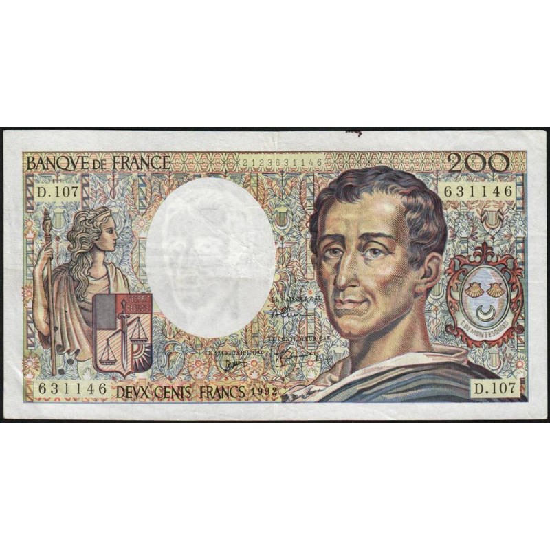F 70-12a - 1992 - 200 francs - Montesquieu - Série D.107 - Etat : TB+