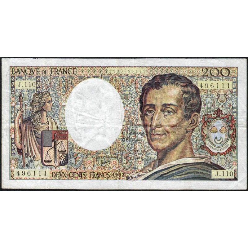 F 70-12a - 1992 - 200 francs - Montesquieu - Série J.110 - Etat : TB