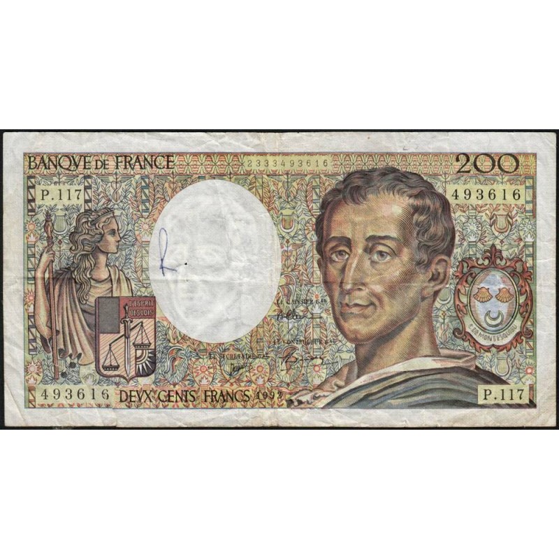 F 70-12b - 1992 - 200 francs - Montesquieu - Série P.117 - Etat : B