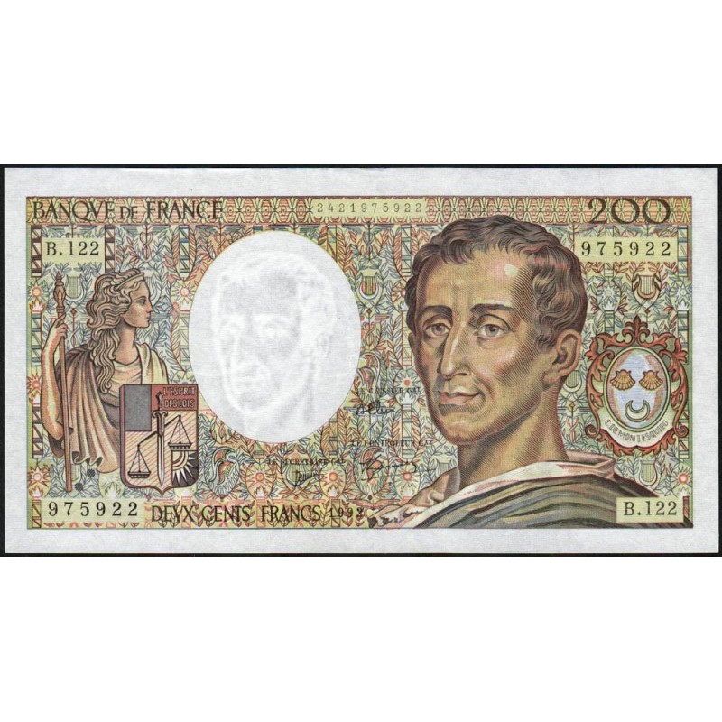 F 70-12b - 1992 - 200 francs - Montesquieu - Série B.122 - Etat : SUP-