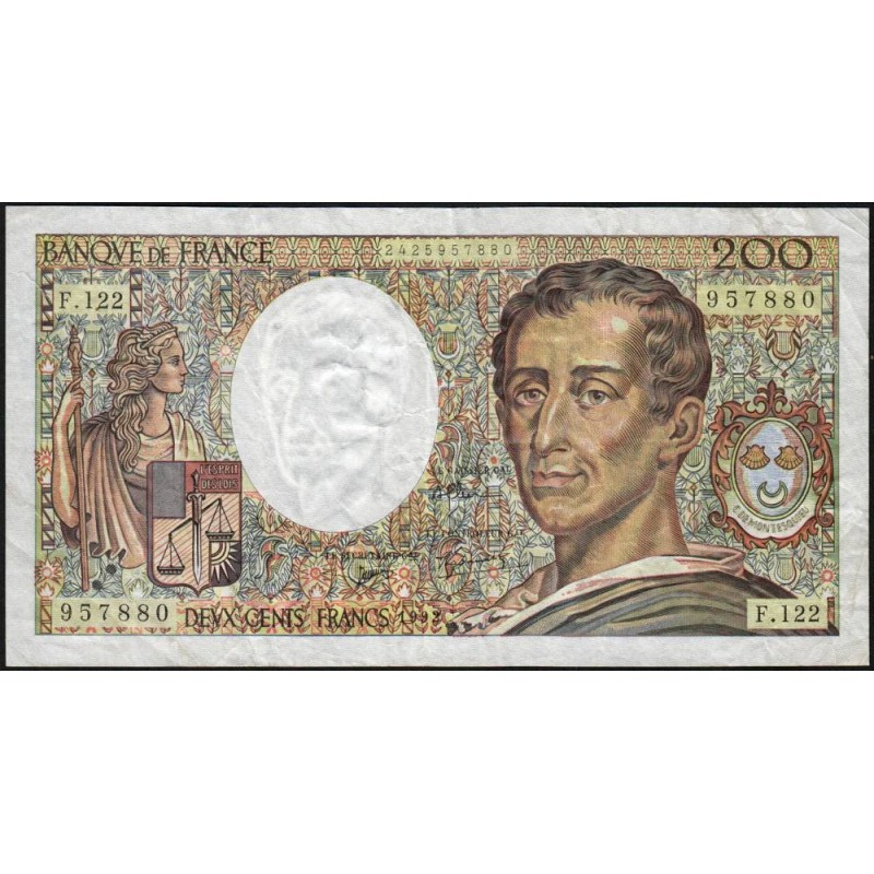 F 70-12b - 1992 - 200 francs - Montesquieu - Série F.122 - Etat : TB-
