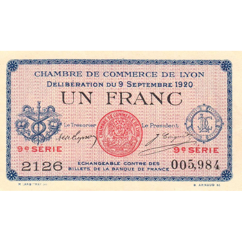 Lyon - Pirot 77-23 - 1 franc - 9e série 2136 - 09/09/1920 - Etat : SUP