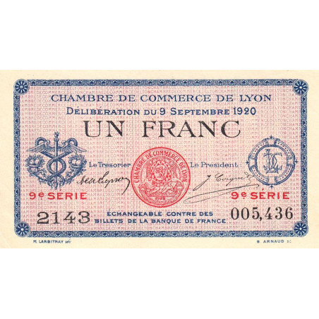 Lyon - Pirot 77-23 - 1 franc - 9e série 2143 - 09/09/1920 - Etat : SUP+