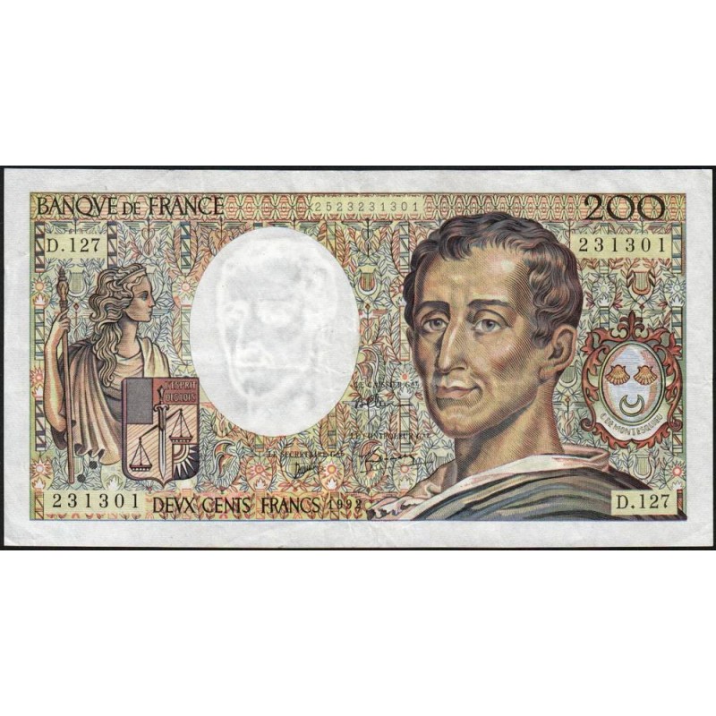 F 70-12c - 1992 - 200 francs - Montesquieu - Série D.127 - Etat : TB+