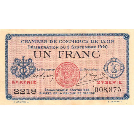 Lyon - Pirot 77-23 - 1 franc - 9e série 2218 - 09/09/1920 - Etat : TTB