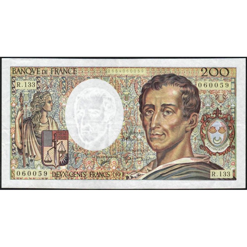 F 70-12c - 1992 - 200 francs - Montesquieu - Série R.133 - Etat : TTB+