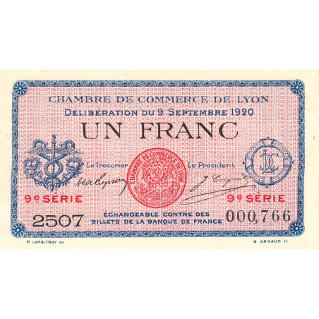 Lyon - Pirot 77-23 - 1 franc - 9e série 2507 - 09/09/1920 - Etat : SUP+