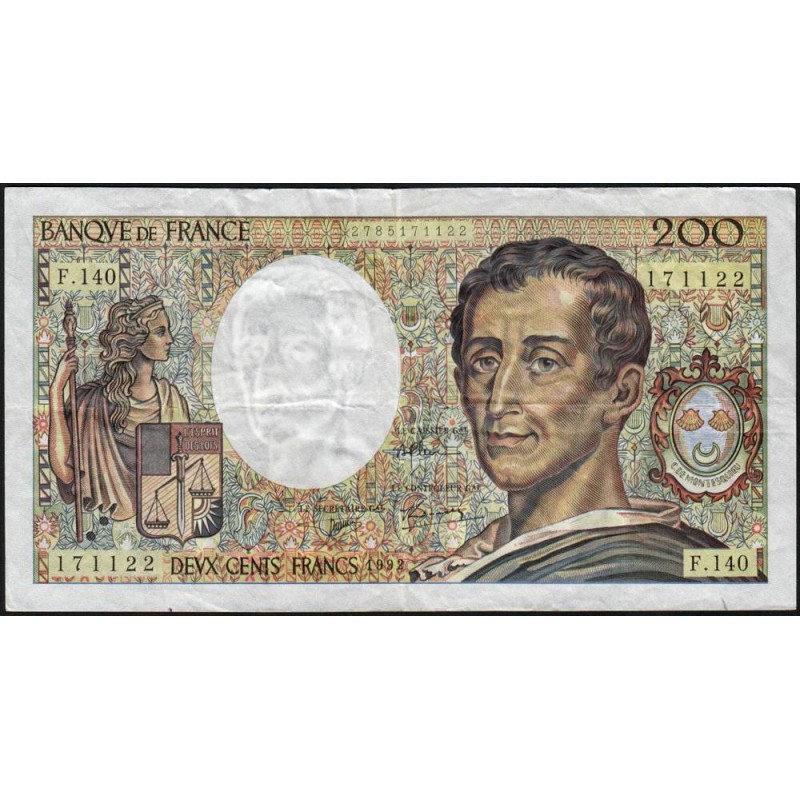 F 70-12c - 1992 - 200 francs - Montesquieu - Série F.140 - Etat : TB