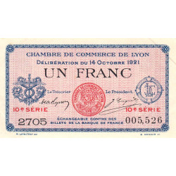 Lyon - Pirot 77-25 - 1 franc - 10e série 2705 - 14/10/1921 - Etat : SUP+