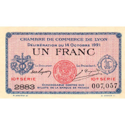 Lyon - Pirot 77-25 - 1 franc - 10e série 2883 - 14/10/1921 - Etat : SUP