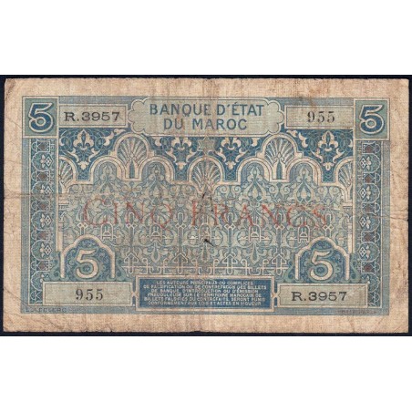 Maroc - Pick 9_4 - 5 francs - Série R.3957- 1934 - Etat : B+