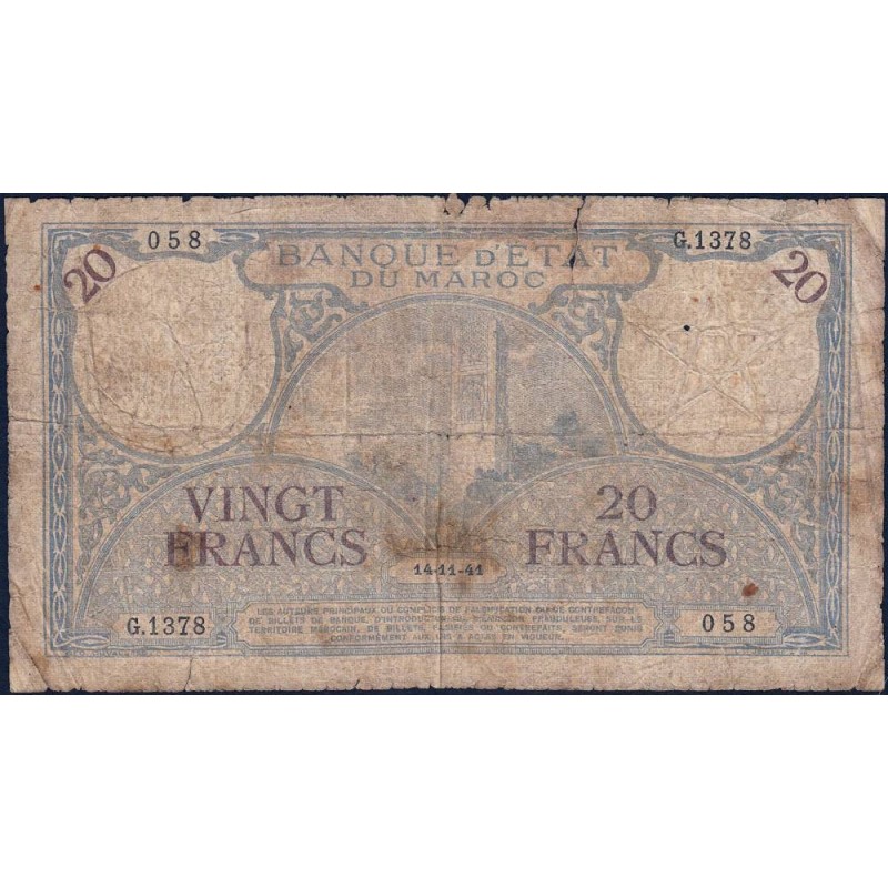 Maroc - Pick 18b_1 - 20 francs - Série G.1378- 14/11/1941 - Etat : AB