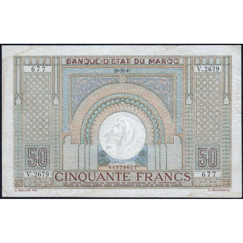 Maroc - Pick 21_4 - 50 francs - Série V.2679 - 28/10/1947 - Etat : TTB-