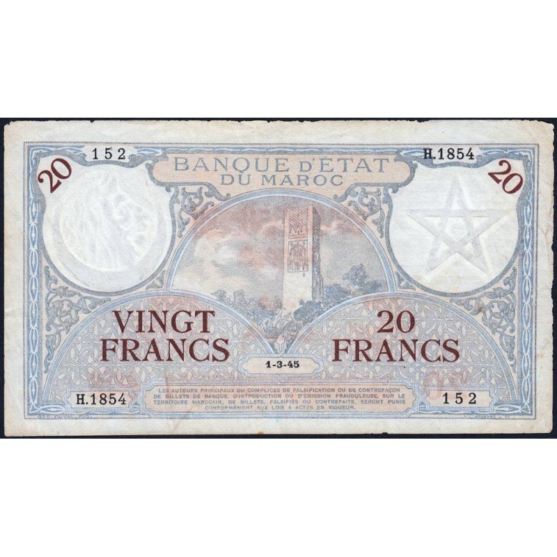 Maroc - Pick 18b_3 - 20 francs - Série H.1854 - 01/03/1945 - Etat : TTB