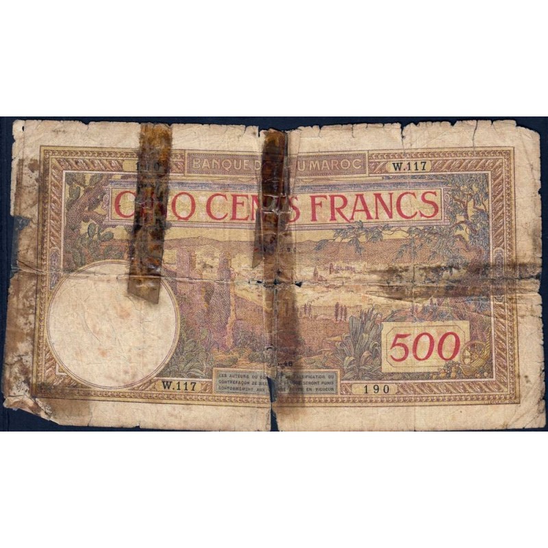 Maroc - Pick 15b - 500 francs - Série W.117 (billet de remplacement) - 08/06/1946 - Etat : AB-
