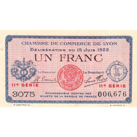 Lyon - Pirot 77-27 - 1 franc - 11e série 3075 - 15/06/1922 - Etat : SUP