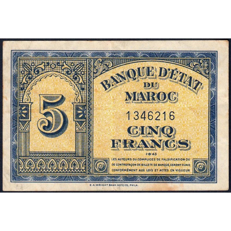 Maroc - Pick 24_1a - 5 francs - 01/08/1943 - Etat : TB+
