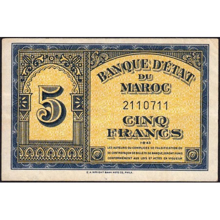 Maroc - Pick 24_1a - 5 francs - 01/08/1943 - Etat : TTB+