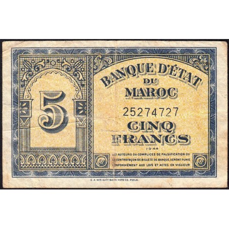 Maroc - Pick 24_2 - 5 francs - 01/03/1944 - Etat : TB+