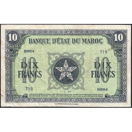 Maroc - Pick 25_3 - 10 francs - Série B884 - 01/03/1944 - Etat : TTB