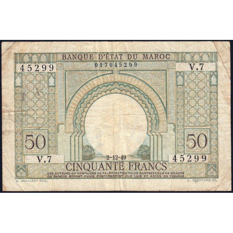 Maroc - Pick 44 - 50 francs - Série V.7 - 02/12/1949 - Etat : TB