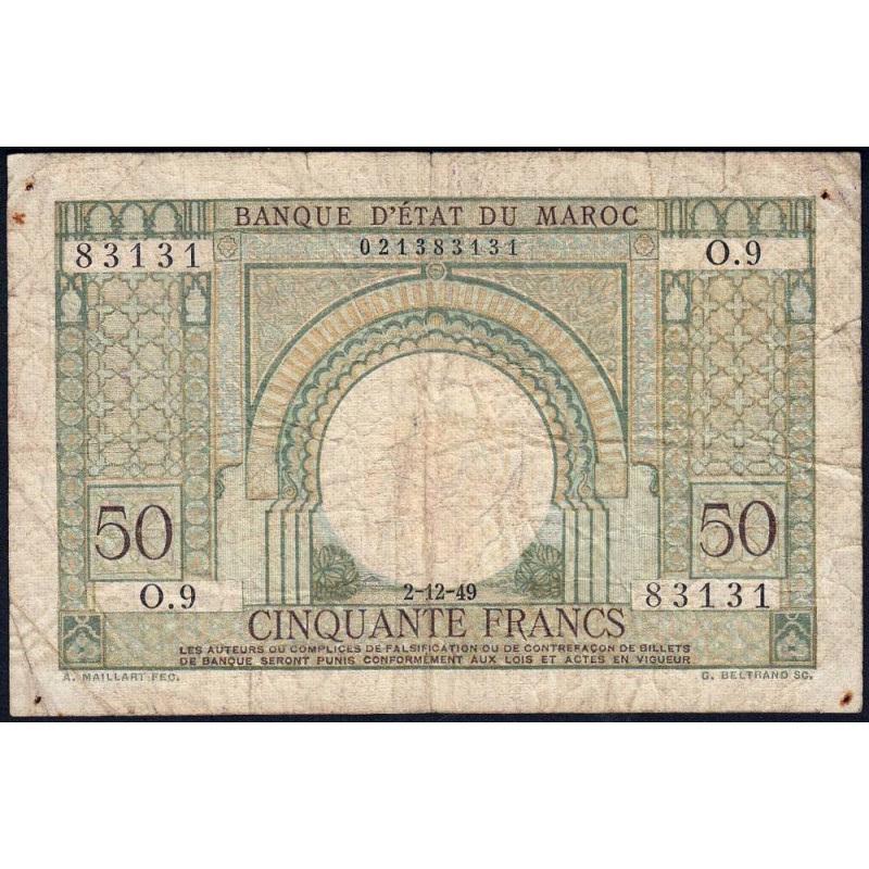 Maroc - Pick 44 - 50 francs - Série O.9 - 02/12/1949 - Etat : TB-