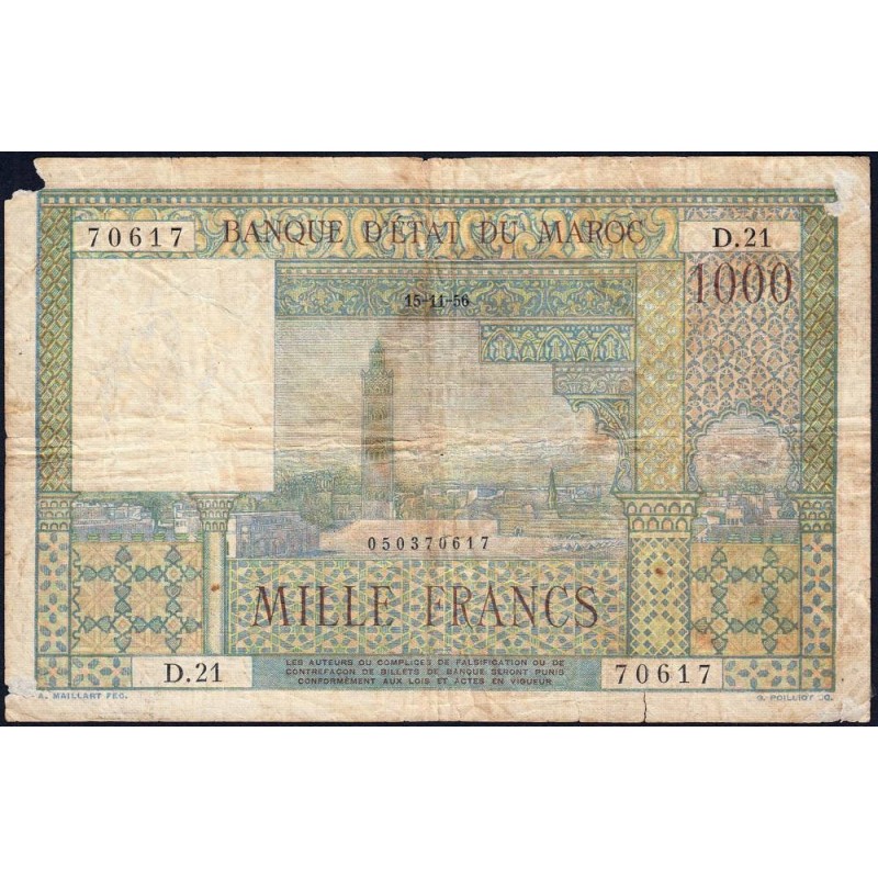 Maroc - Pick 47_2 - 1'000 francs - Série D.21 - 15/11/1956 - Etat : B+