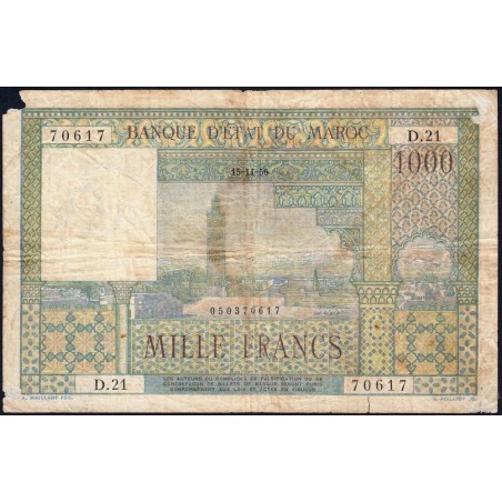 Maroc - Pick 47_2 - 1'000 francs - Série D.21 - 15/11/1956 - Etat : B+