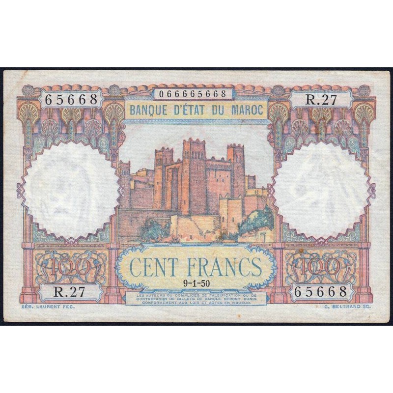 Maroc - Pick 45_2 - 100 francs - Série R.27 - 09/01/1950 - Etat : TTB