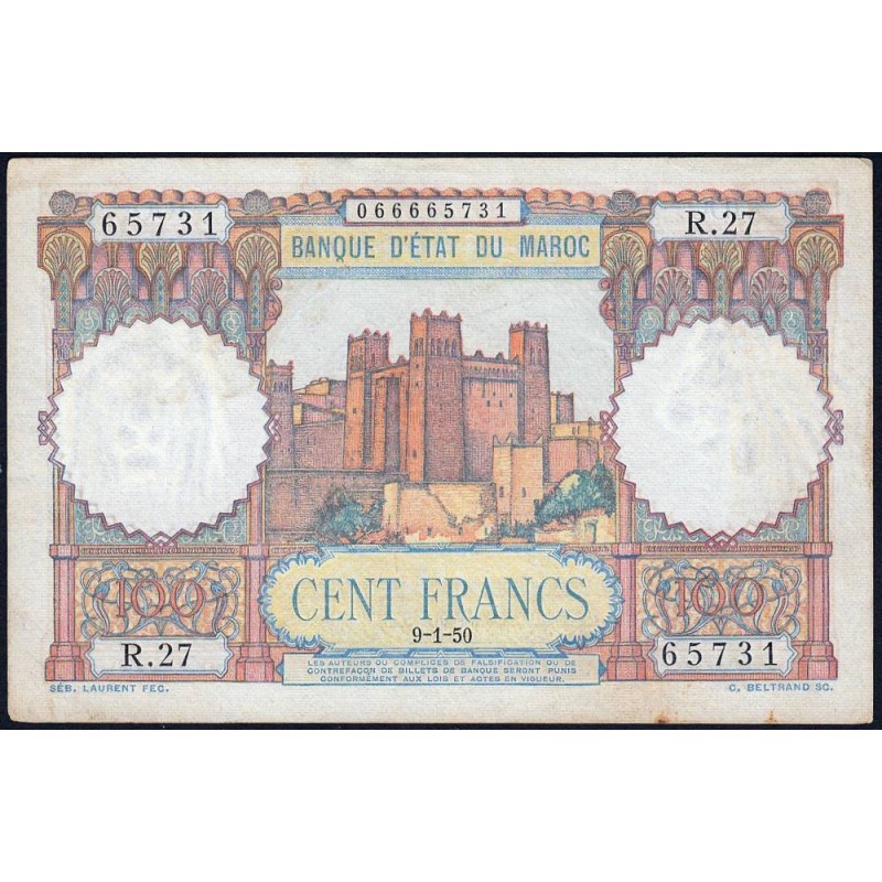Maroc - Pick 45_2 - 100 francs - Série R.27 - 09/01/1950 - Etat : SUP