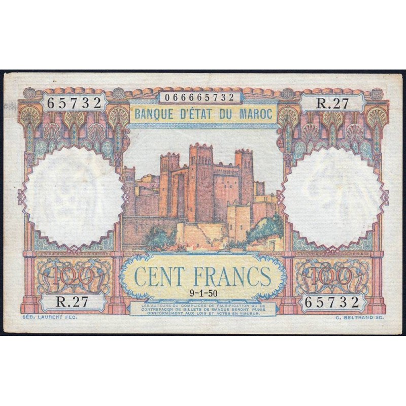 Maroc - Pick 45_2 - 100 francs - Série R.27 - 09/01/1950 - Etat : SUP
