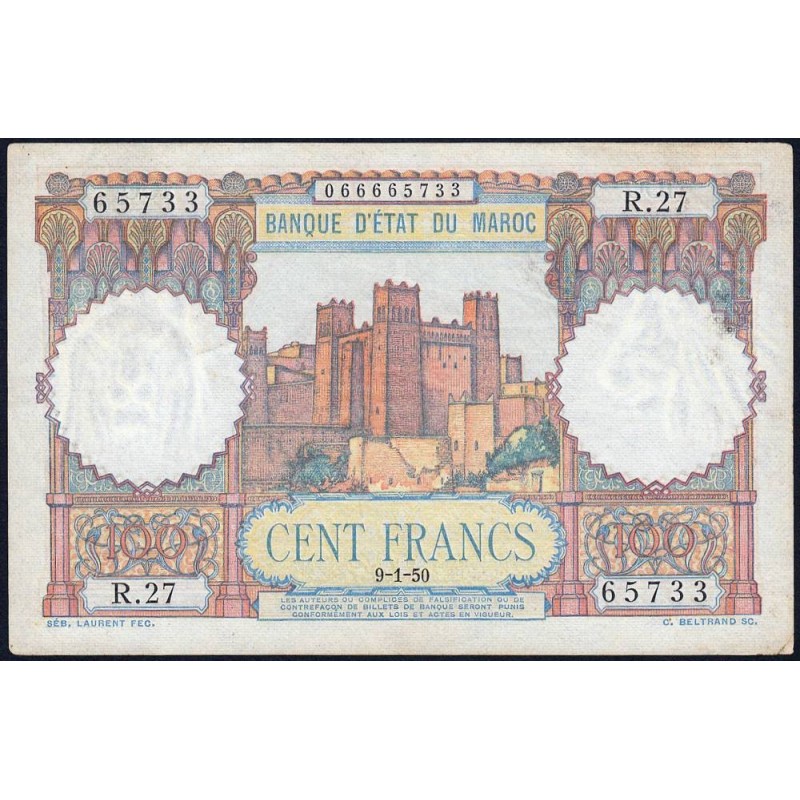 Maroc - Pick 45_2 - 100 francs - Série R.27 - 09/01/1950 - Etat : SUP+