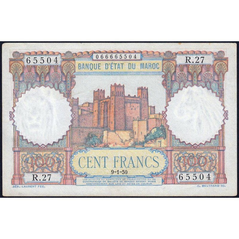 Maroc - Pick 45_2 - 100 francs - Série R.27 - 09/01/1950 - Etat : SUP+