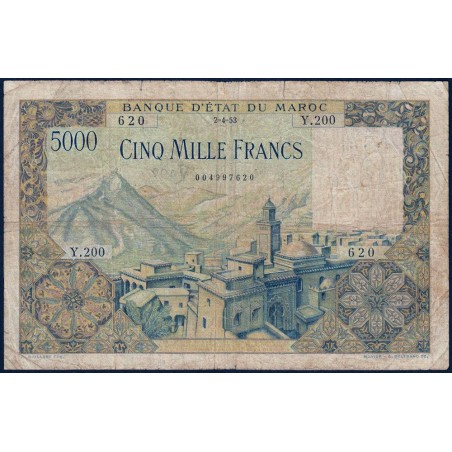 Maroc - Pick 49 - 5'000 francs - Série Y.200 - 02/04/1953 - Etat : B+ à TB-