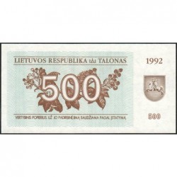 Lituanie - Pick 44 - 500 talonas - Série OF - 1992 - Etat : NEUF