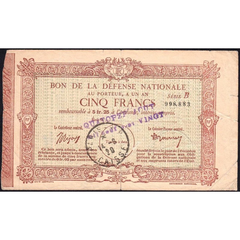 75 - Paris - Bon de la Défense Nationale - 1920 - 5 francs - Série C - Etat : TB
