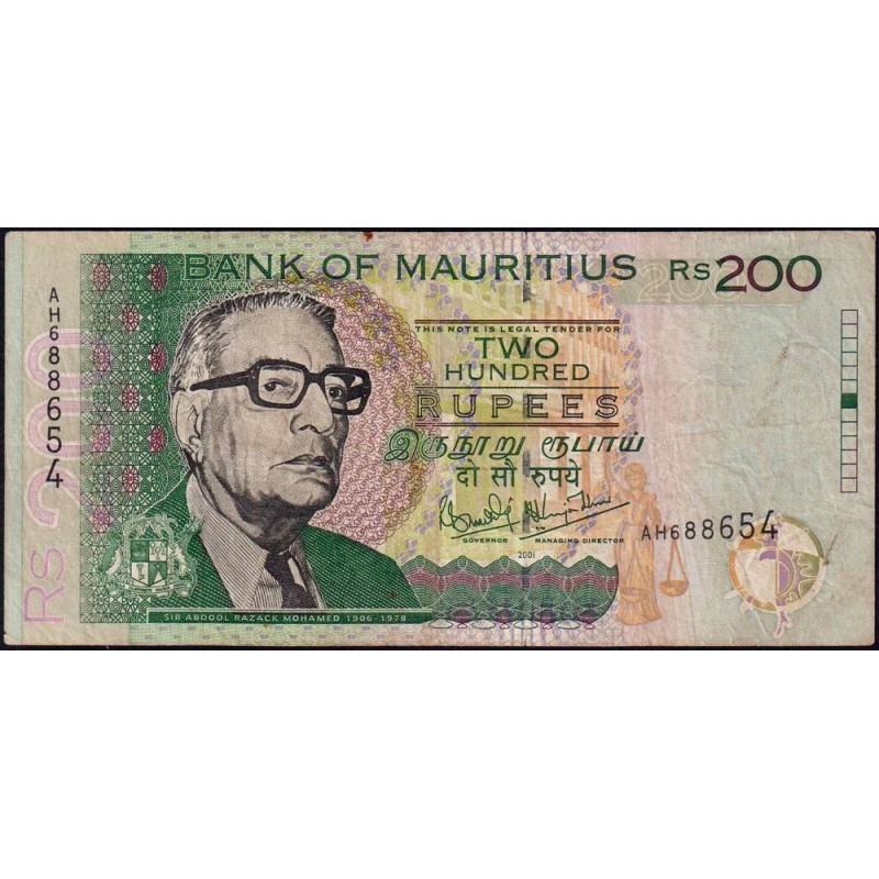 Maurice (île) - Pick 52b - 200 rupees - Série AH - 2001 - Etat : TB