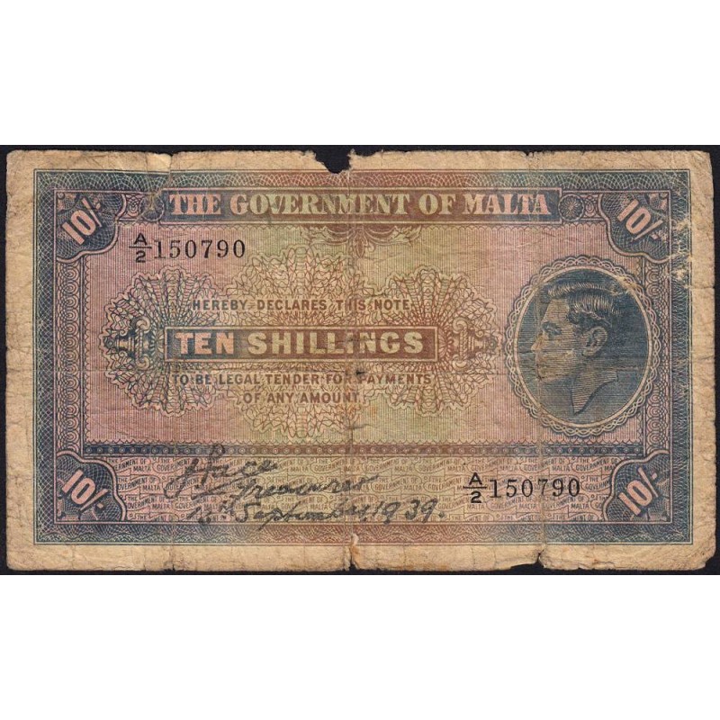 Malte - Pick 13 - 10 shillings - Série A/2 - 13/09/1939 - Etat : AB